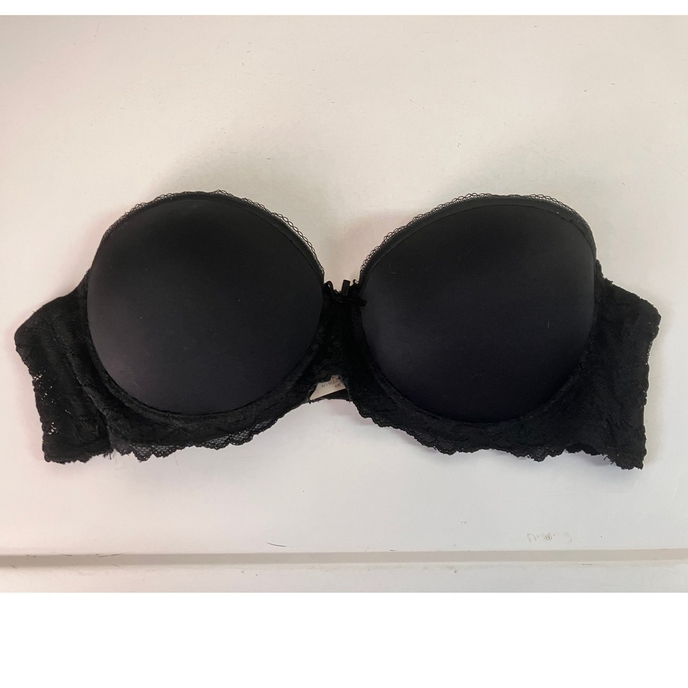 Q-T Intimates Womens 36C Strapless Bra Black Lace Padded Underwire 146
